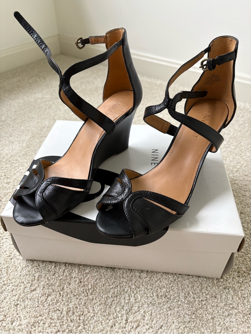 Nine West Black Leather Strappy Wedge Sandals
